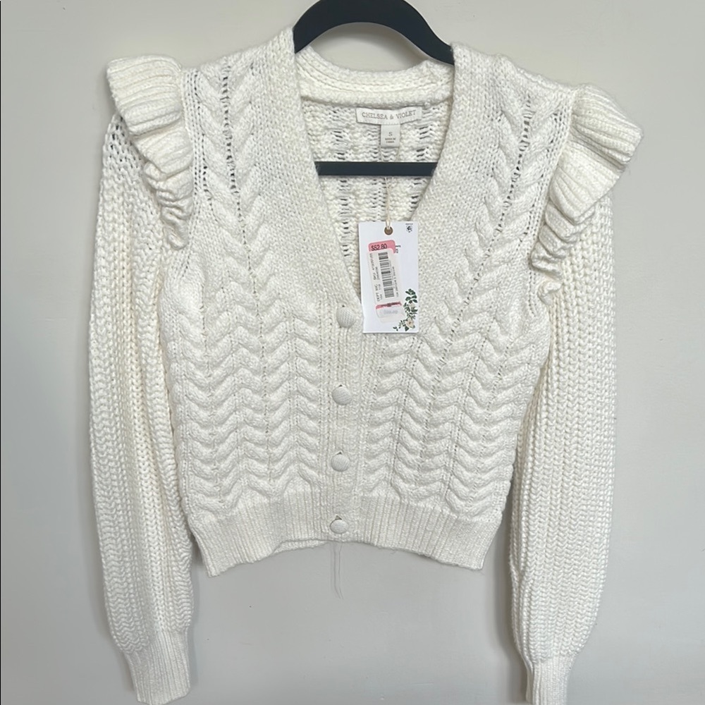 White Ruffled Sweater with Chevron Knit